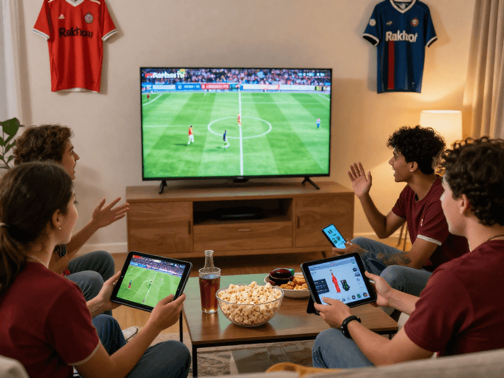 Excited fans enjoying live football matches on Rakhoi TV in a cozy living room setting